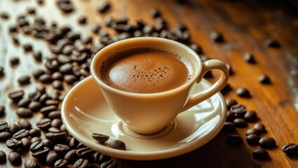 Close-up shot of a double espresso in a small coffee mug at a rustic cafÃ© during the morning.