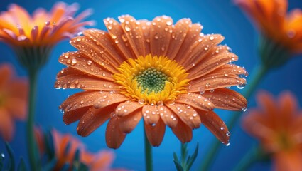 Close-up of an orange flower reflected in water that has been rendered.