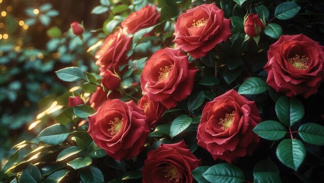 Red roses bush with a summer background featuring a bush of red rose flowers.