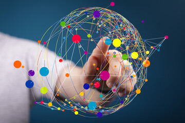 Abstract image of a hand interacting with a colorful network, representing global connection and...