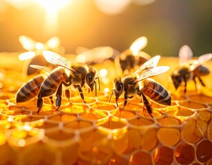 "Abejas trabajando en un panal de miel, primer plano, detalle de las celdas hexagonales brillantes llenas de miel dorada, las abejas con alas traslúcidas y pelaje suave recolectando néctar