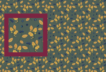 Yellow cozy leaves on green background. Blue berry autumn wallpaper. Golden foliage seamless pattern.