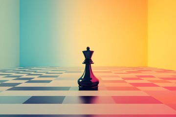 Inspired minimalist digital art, chess inspired graphic, simple surrealism, giant chess piece of a bishop sliding along the chessboard floor. Happy tones, smooth gradients and details, vivid colours