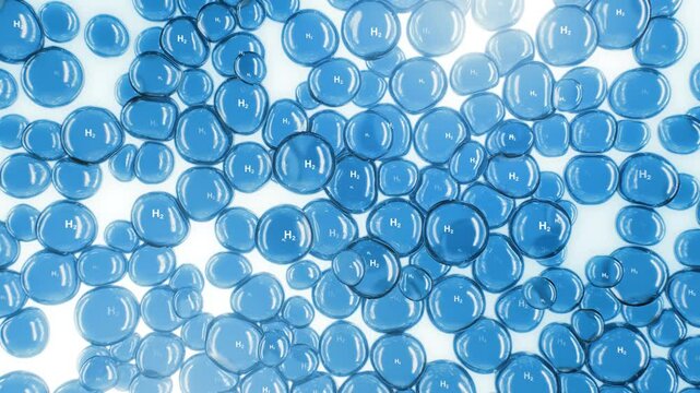 Multiple shiny hydrogen, h2, oxygen, o2, or nitrogen, gas particles floating slowly in the air. Photorealistic science, medical background 3D animation.