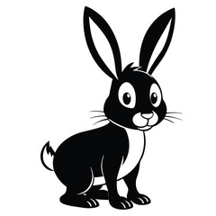 Black silhouette of a cartoon rabbit with large ears sits upright facing forward