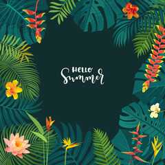 Hello Summer vector tropic jungle square flyer, poster, banner. Calligraphic summer design. Water lilly, monstera, hibiscus, bird of paradise flowers, tropical plants. Summertime social media template