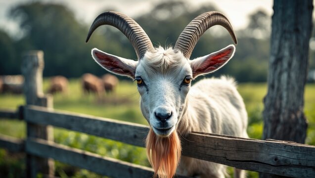 Faces of goats close up. A humorous white goat peeks out from behind an aged wooden fence. The head of a brown goat is extended over the fence.