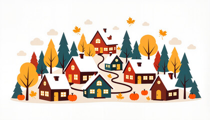 Fototapeta premium Cozy village scene with autumn trees and pumpkins, in flat vector style