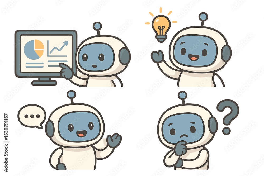 Poster Cartoon robot characters engaging in different activities related to innovation and technology in a friendly, lighthearted manner