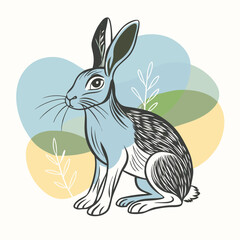 Elegant blue hare gazes intently within simple shapes, blending charm and modern aesthetic