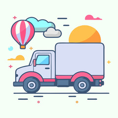 Cartoon Delivery Truck Illustration Featuring A Balloon And Clouds In A Light Color Palette