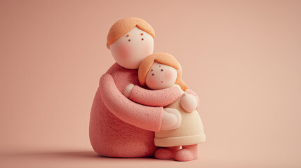 3D illustration of father and child clay characters hugging, soft pastel background, toy-style rendering
