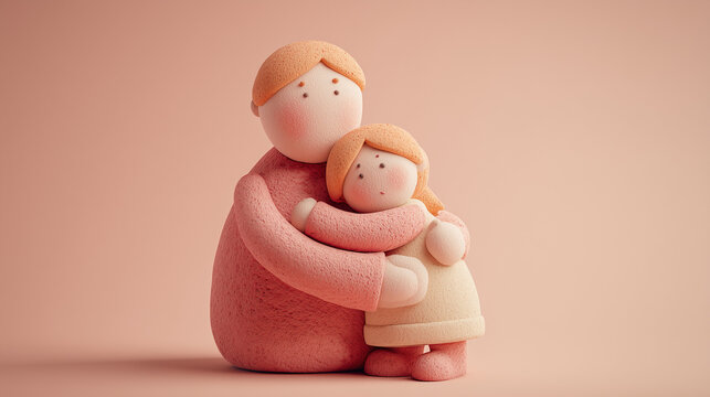3D illustration of father and child clay characters hugging, soft pastel background, toy-style rendering
