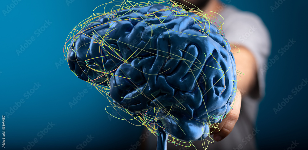 Poster abstract 3d rendering of human brain with neural connections. ideal for ai, neuroscience, or medical