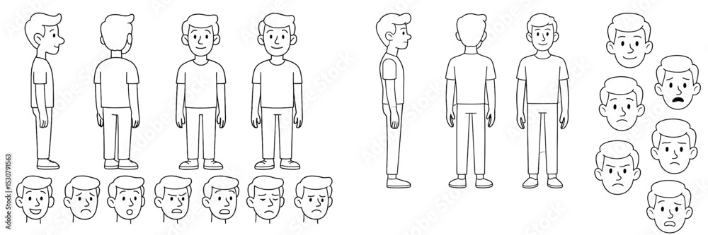 Poster character design showcasing male figure in various poses and expressions for animation and illustrat