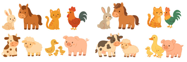 Naklejka premium Cute cartoon farm animals in playful pairs enjoying a sunny day on a vibrant farm