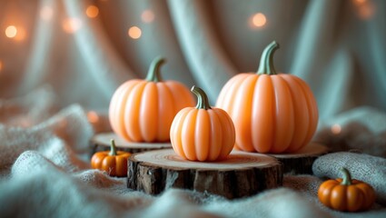 Charming pumpkin-shaped candles in soft orange tones arranged on a rustic wooden base, contrasted with a cozy, textured background.