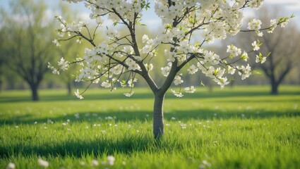 Obraz premium Blooming plum tree in spring orchard. Fruit tree with white blossoms in garden.