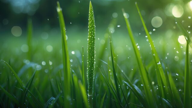 Brown and green grasshopper resting on dewy grass leaves.