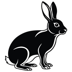 Isolated black rabbit outline sitting with upright ears gazes rightward against a white backdrop