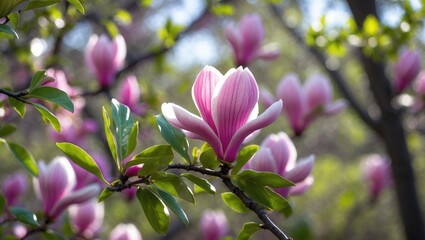 Fototapeta premium Bright blooming branch of magnolia liliiflora in the sun, girl enjoying the pleasant aroma of spring flowers in the garden.