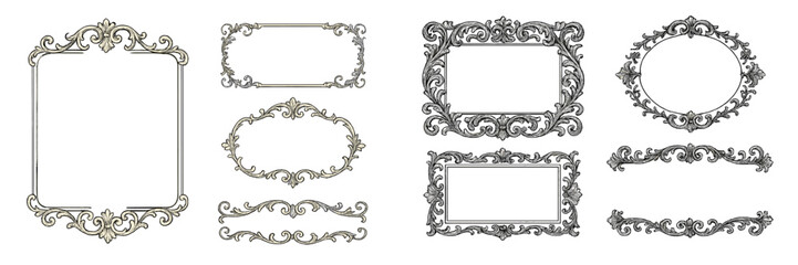 Elegant vintage frames in various shapes and styles suitable for decoration and artwork display in a neutral color palette