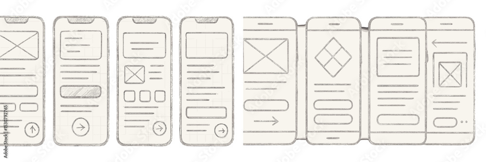 Poster Showcasing mobile app design wireframes with various layout concepts and interface elements for user experience improvement