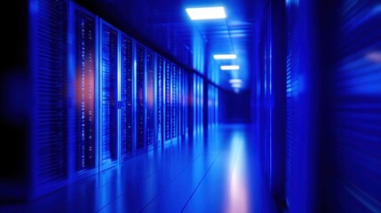 Fototapeta premium A futuristic data center corridor illuminated by blue lights, showcasing server racks and technology