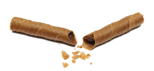 Wafer roll broken, waffle stick with hazelnut and chocolate cream, isolated on white, top view