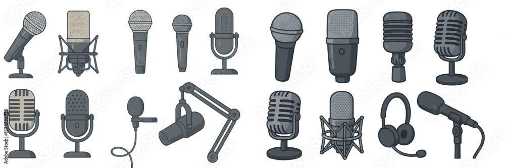 Aufkleber Collection of various microphone designs showcasing different styles and functions for music and broadcasting