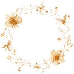 Floral wreath, vector illustration, greeting card with flowers, golden flowers, floral frame, invitation card for wedding or birthday, summer floral background, decorative art, png.