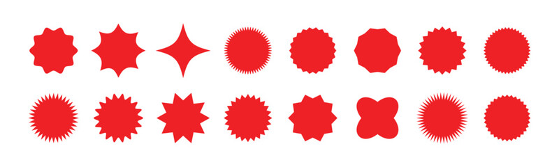 Sale sticker, price tag, starburst icon set, Set of red starburst. Price sticker, sale sticker, price tag, starburst, quality mark, retro stars, sale. Circle sticker set. Wavy edge promo red badges. 