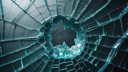 Cracked window of armoured glass with bulletproof glass hole.