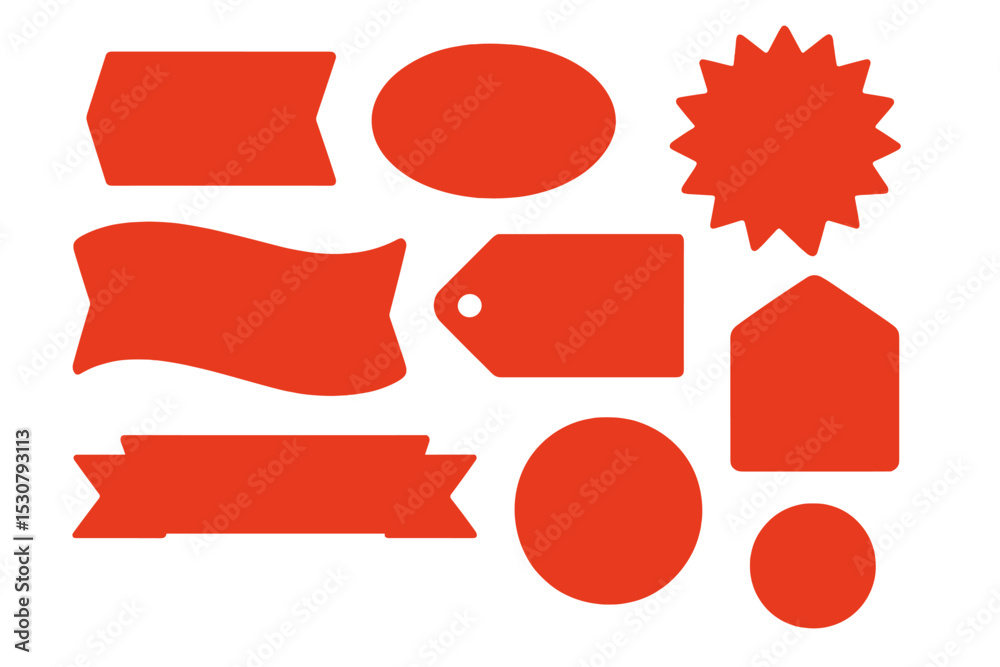 Poster collection of red shapes including tags, banners, and stars for creative projects and design purpose
