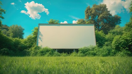 Empty billboard for an advertisement mockup featuring a template with a blank space to showcase the ad content; the scene has no people and the subject is adjacent to an overgrown wall.