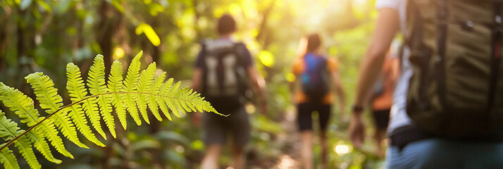 Fern leaf highlights nature hike in lush forest Generative AI