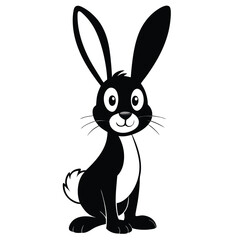 Cute cartoon bunny with black fur and white markings sits upright on a white background
