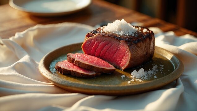 Close-up of a grilled matured beef chop with selective focus and ample copy space.