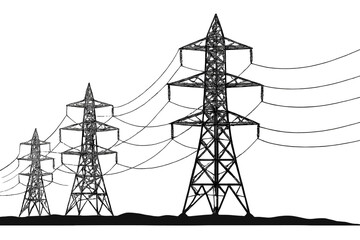 Obraz na płótnie Canvas High voltage power lines stand against a clear sky at sunset in a rural landscape with distant hills and silhouettes of trees