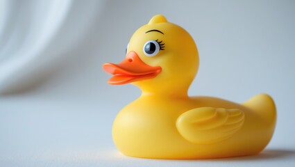 Close-up of a rubber duck on a white background with a clipping path.