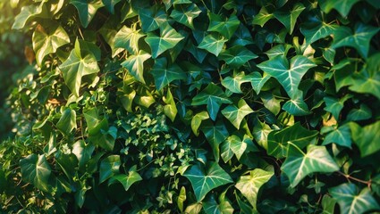 Fototapeta premium Close-up of English ivy climbing a wall, vibrant green ivy