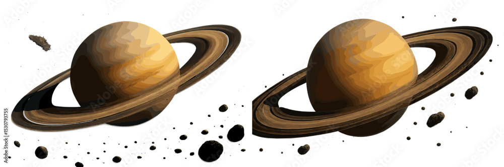 Poster detailed depiction of saturn with its iconic rings and drifting asteroids in outer space