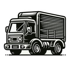 Monochrome Illustration Of A Vintage Delivery Truck With A Striped Cargo Container Design