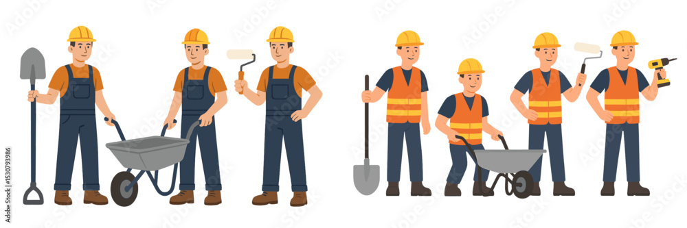 Aufkleber construction workers engaged in various tasks at a building site during daylight hours in a busy urb