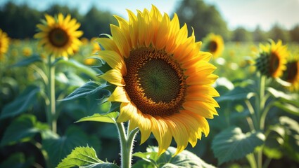 Bright sunflower blossoms under the afternoon sun in a lively field bordered by green leaves.