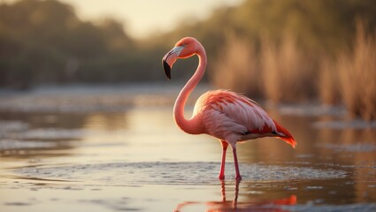 Close-up image of a Greater Flamingo (Phoenicopterus roseus) in the Camargue, Bouches du Rhone, southern France.