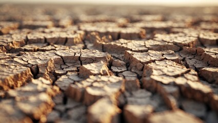 Obraz premium Close-up of dried cracked earth depicting severe drought and environmental impact. The texture highlights the harsh conditions.