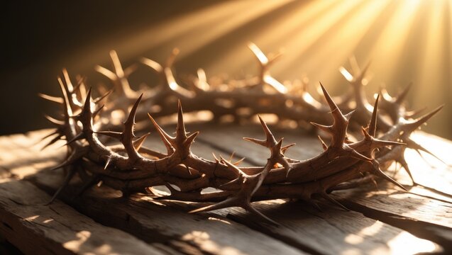 Close-up of Jesus' crown of thorns resting on wooden table, suitable for Christian concept, Easter concept with space for text.
