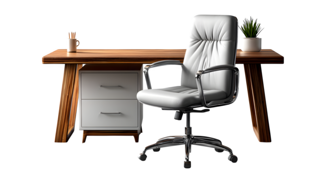 Modern office desk with comfortable chair, minimalistic style isolated on transparent background