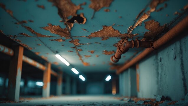 Close-up of rusty metal ceiling displaying corrosion and deterioration. This roof urgently requires repair, with visible rust and water damage.